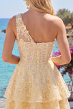 Lace Floral One Shoulder Ruffled A Line Butter Yellow Short Corset Homecoming Dress