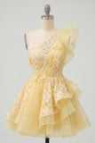 Lace Floral Ruffled One Shoulder A Line Butter Yellow Short Homecoming Dress