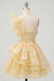 Lace Floral Ruffled One Shoulder A Line Butter Yellow Short Homecoming Dress