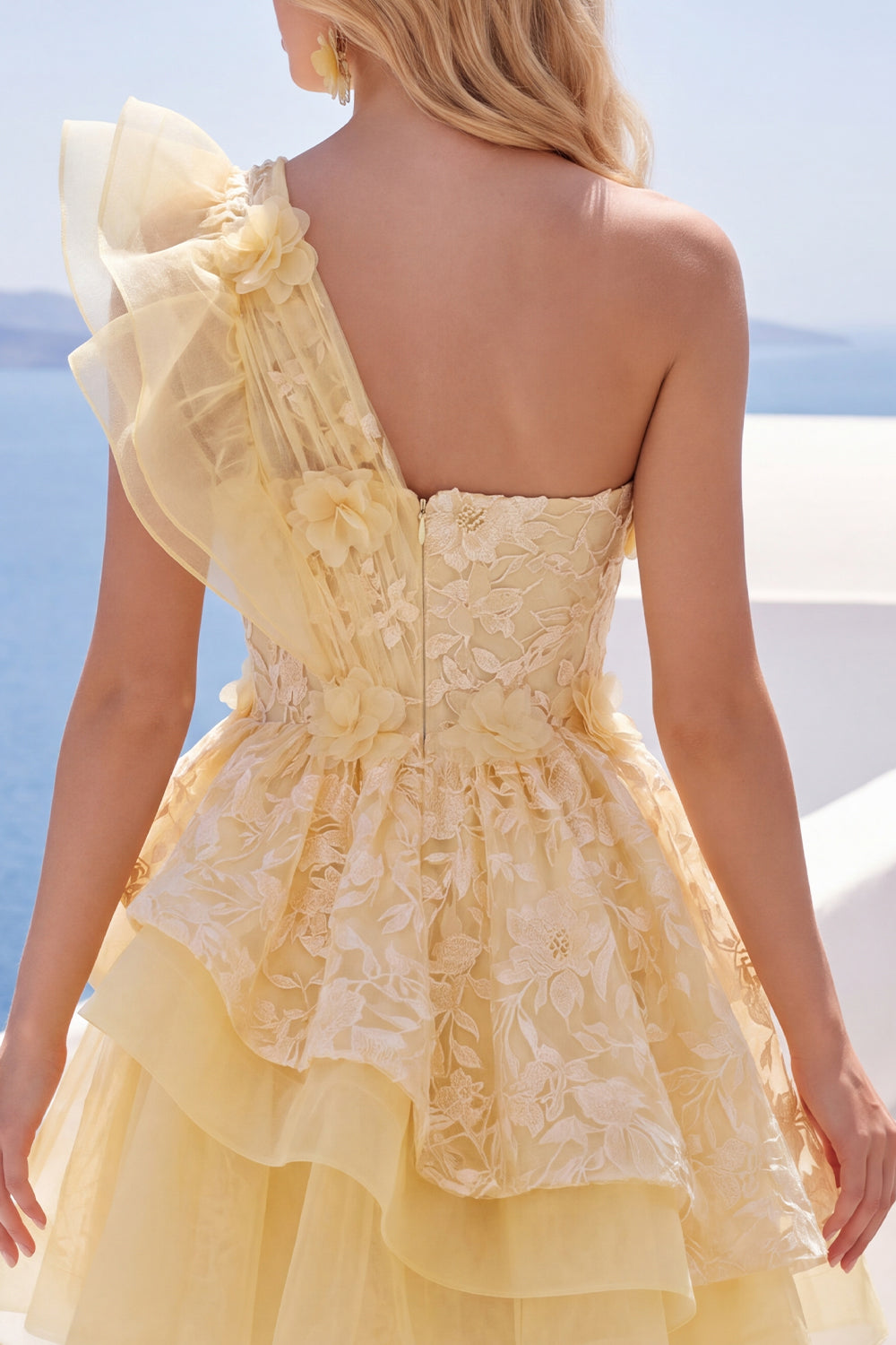 Lace Floral Ruffled One Shoulder A Line Butter Yellow Short Homecoming Dress