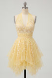 Floral Lace Halter Ruffled A Line Butter Yellow Short Homecoming Dress
