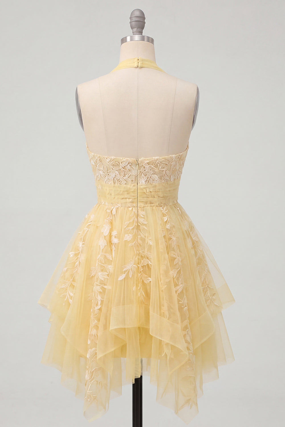 Floral Lace Halter Ruffled A Line Butter Yellow Short Homecoming Dress
