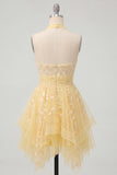 Floral Lace Halter Ruffled A Line Butter Yellow Short Homecoming Dress
