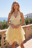 Floral Lace Halter Ruffled A Line Butter Yellow Short Homecoming Dress