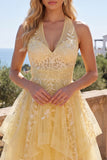 Floral Lace Halter Ruffled A Line Butter Yellow Short Homecoming Dress