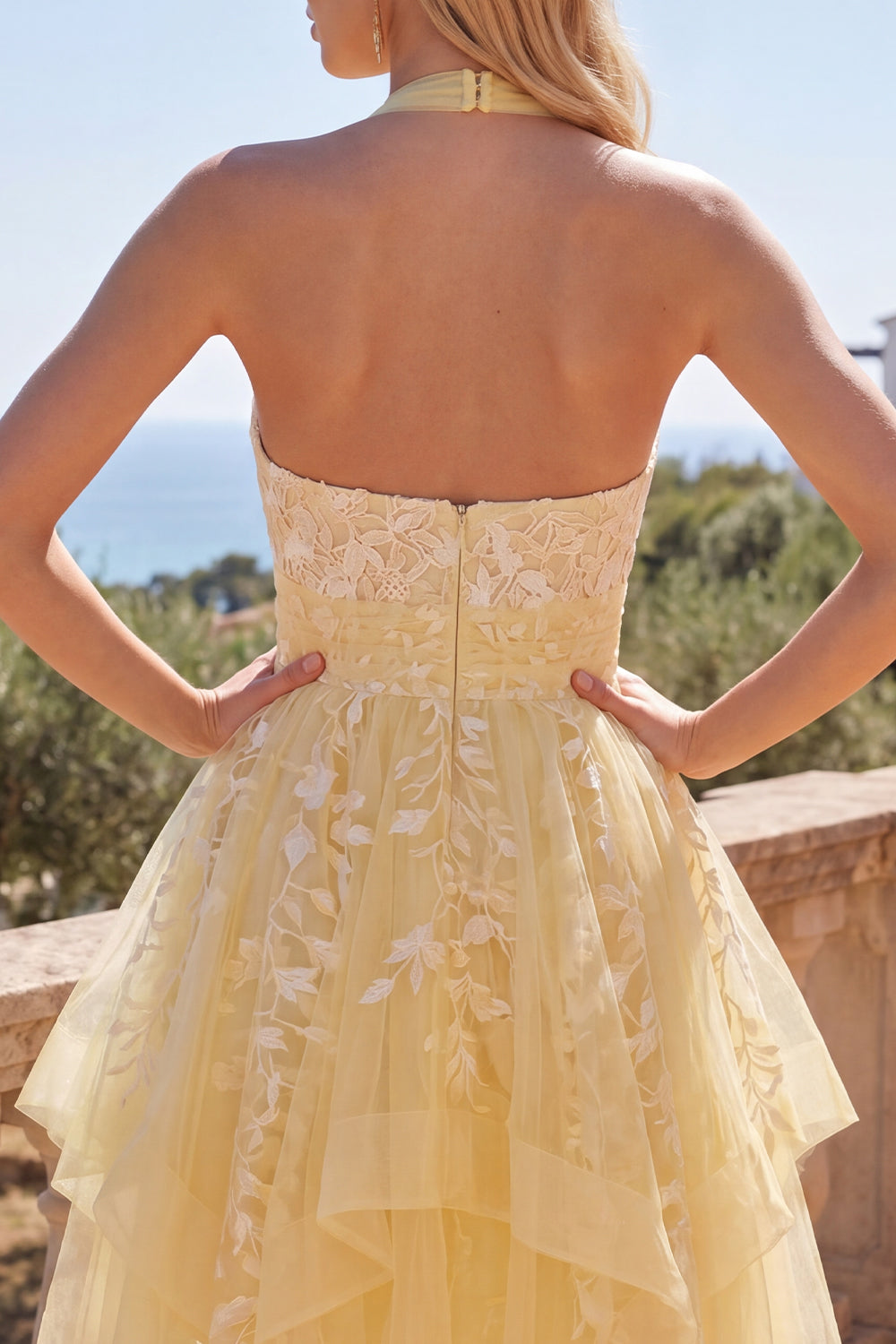 Floral Lace Halter Ruffled A Line Butter Yellow Short Homecoming Dress