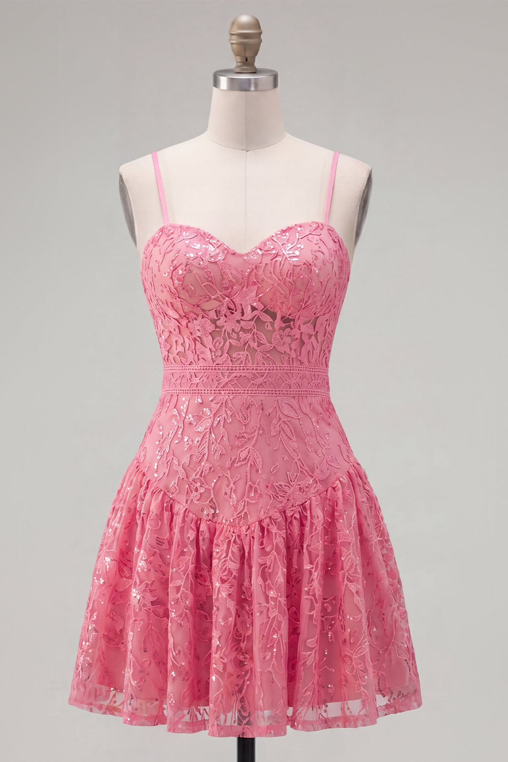Lace Sequin Spaghetti Straps A Line Hot Pink Short Homecoming Dress with Bow