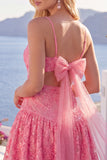 Lace Sequin Spaghetti Straps A Line Hot Pink Short Homecoming Dress with Bow