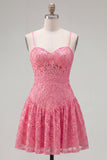 Lace Sequin Spaghetti Straps A Line Hot Pink Short Homecoming Dress with Bow