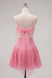 Lace Sequin Spaghetti Straps A Line Hot Pink Short Homecoming Dress with Bow