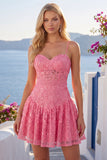 Lace Sequin Spaghetti Straps A Line Hot Pink Short Homecoming Dress with Bow