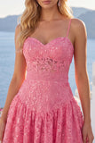 Lace Sequin Spaghetti Straps A Line Hot Pink Short Homecoming Dress with Bow