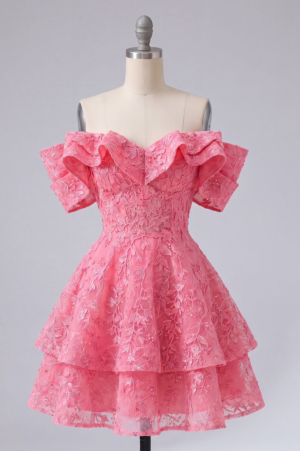 Lace Beaded Ruffled Off The Shoulder A Line Hot Pink Short Homecoming Dress