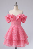 Lace Beaded Ruffled Off The Shoulder A Line Hot Pink Short Homecoming Dress