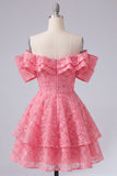 Lace Beaded Ruffled Off The Shoulder A Line Hot Pink Short Homecoming Dress