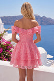 Lace Beaded Ruffled Off The Shoulder A Line Hot Pink Short Homecoming Dress