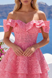 Lace Beaded Ruffled Off The Shoulder A Line Hot Pink Short Homecoming Dress