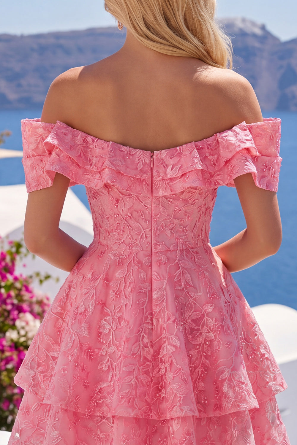Lace Beaded Ruffled Off The Shoulder A Line Hot Pink Short Homecoming Dress
