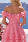 Lace Beaded Ruffled Off The Shoulder A Line Hot Pink Short Homecoming Dress