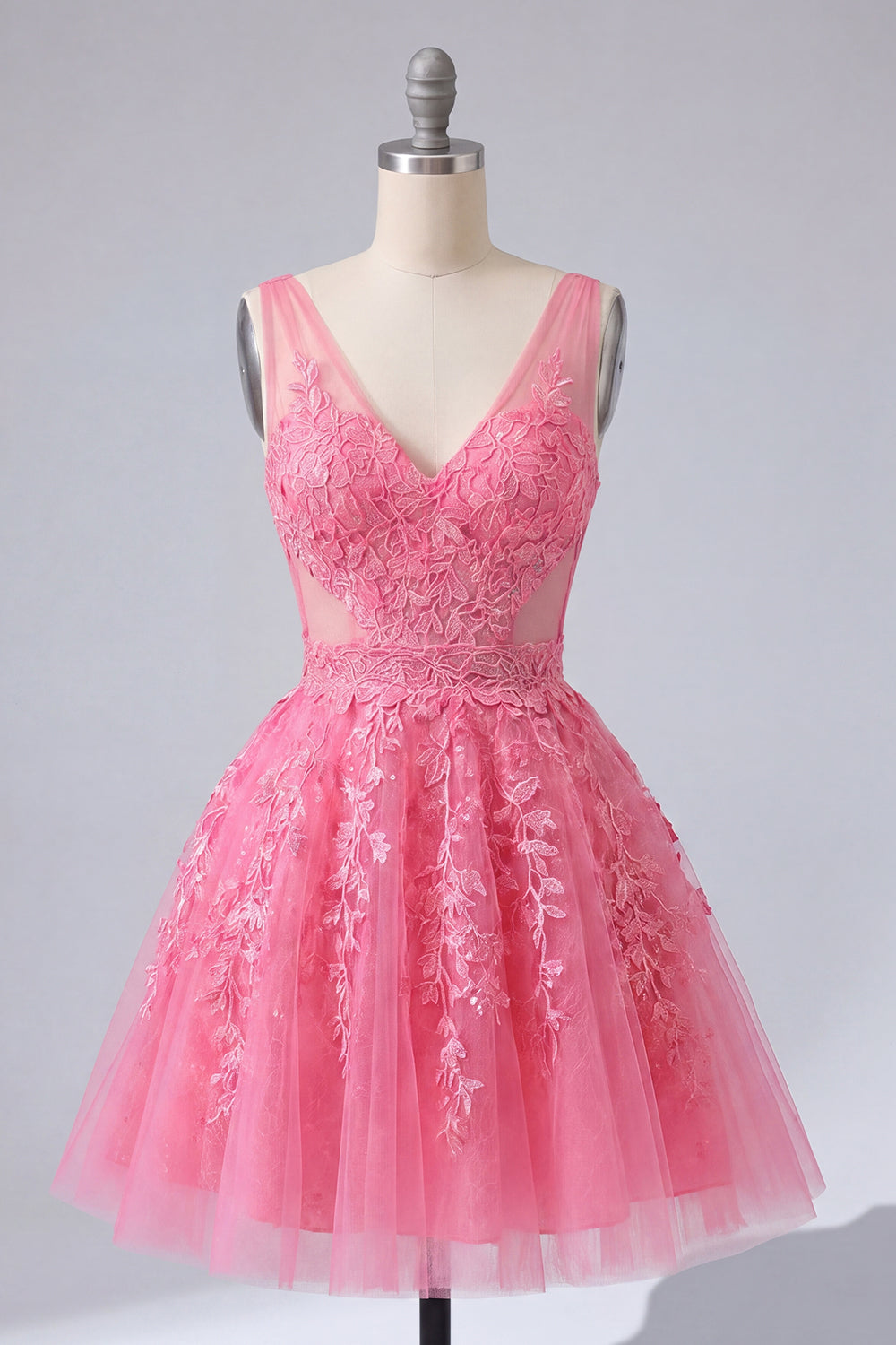 Lace Appliqued V-Neck A Line Hot Pink Short Homecoming Dress