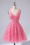 Lace Appliqued V-Neck A Line Hot Pink Short Homecoming Dress