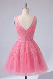 Lace Appliqued V-Neck A Line Hot Pink Short Homecoming Dress