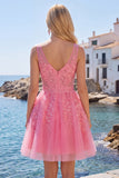 Lace Appliqued V-Neck A Line Hot Pink Short Homecoming Dress