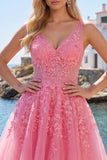 Lace Appliqued V-Neck A Line Hot Pink Short Homecoming Dress