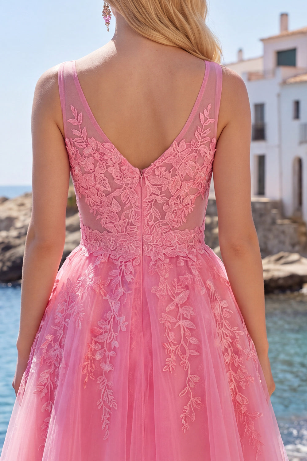 Lace Appliqued V-Neck A Line Hot Pink Short Homecoming Dress