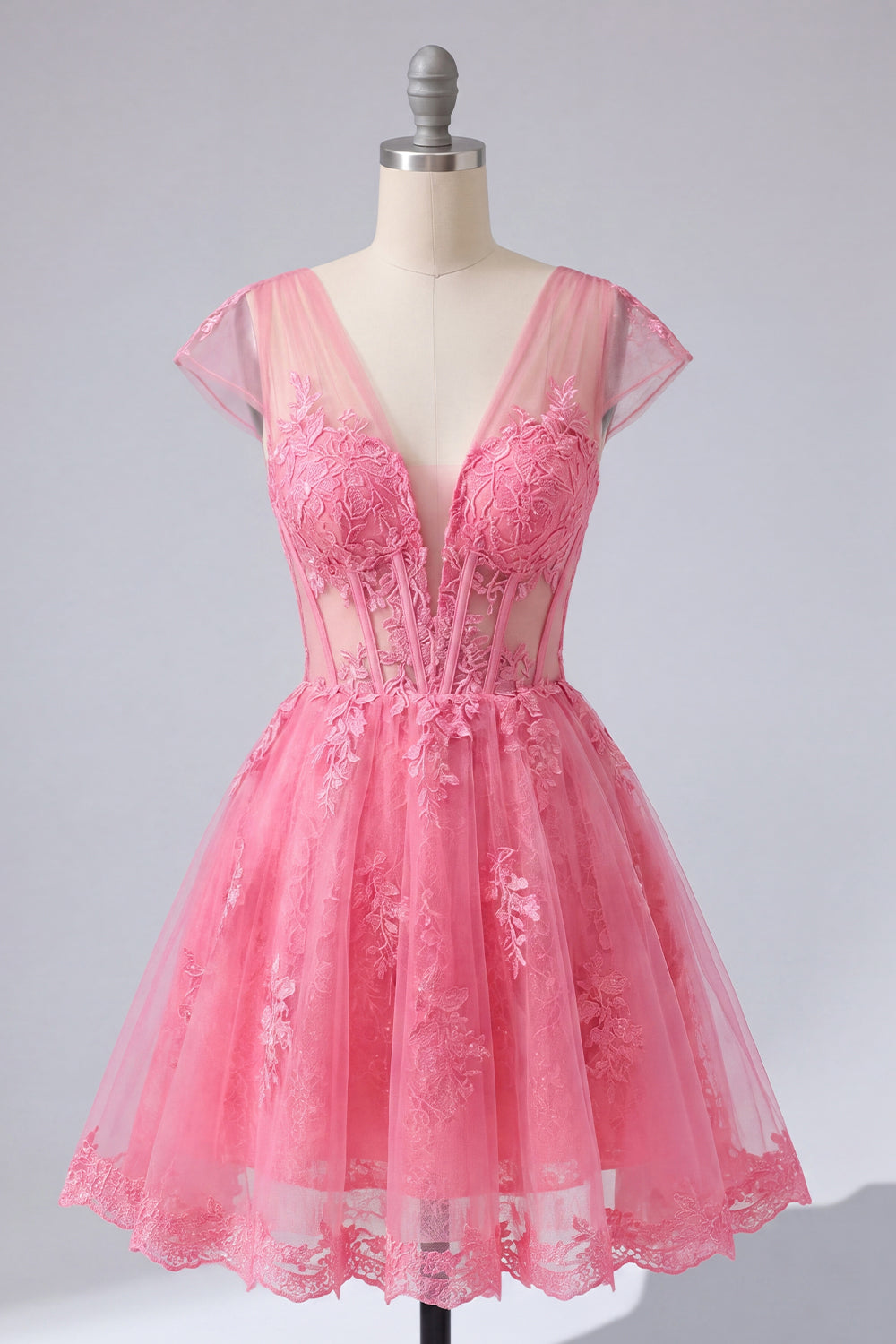 Lace Appliqued V-Neck A Line Hot Pink Short Corset Homecoming Dress with Sleeves