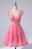 Lace Appliqued V-Neck A Line Hot Pink Short Corset Homecoming Dress with Sleeves