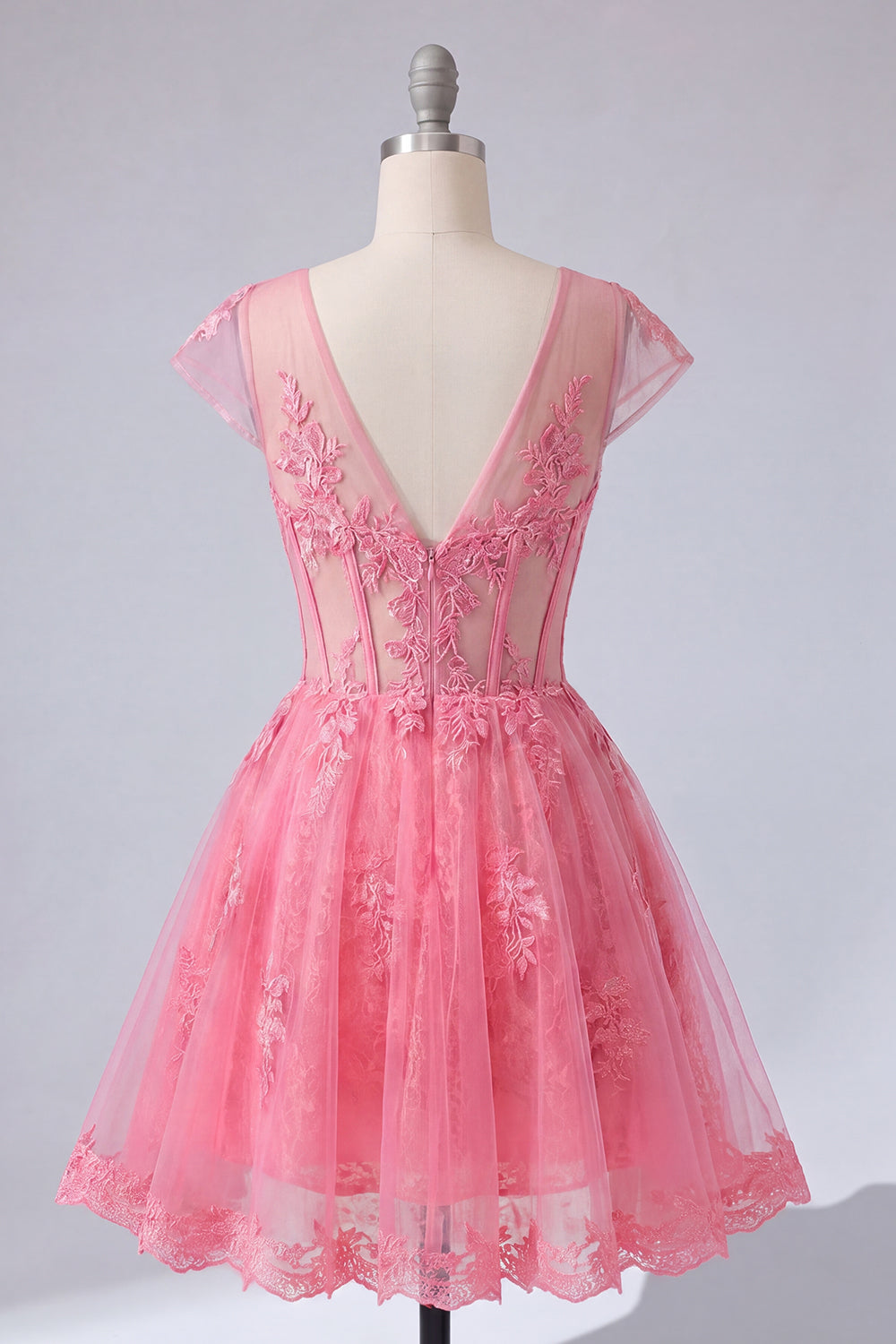 Lace Appliqued V-Neck A Line Hot Pink Short Corset Homecoming Dress with Sleeves
