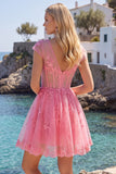 Lace Appliqued V-Neck A Line Hot Pink Short Corset Homecoming Dress with Sleeves
