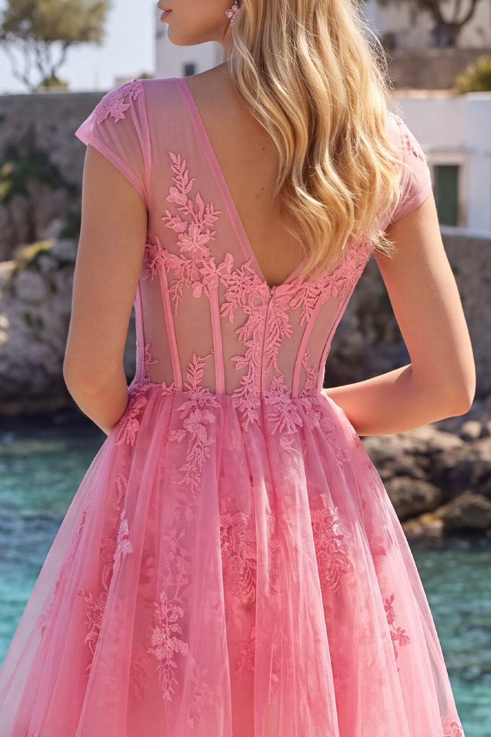 Lace Appliqued V-Neck A Line Hot Pink Short Corset Homecoming Dress with Sleeves