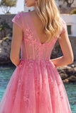 Lace Appliqued V-Neck A Line Hot Pink Short Corset Homecoming Dress with Sleeves