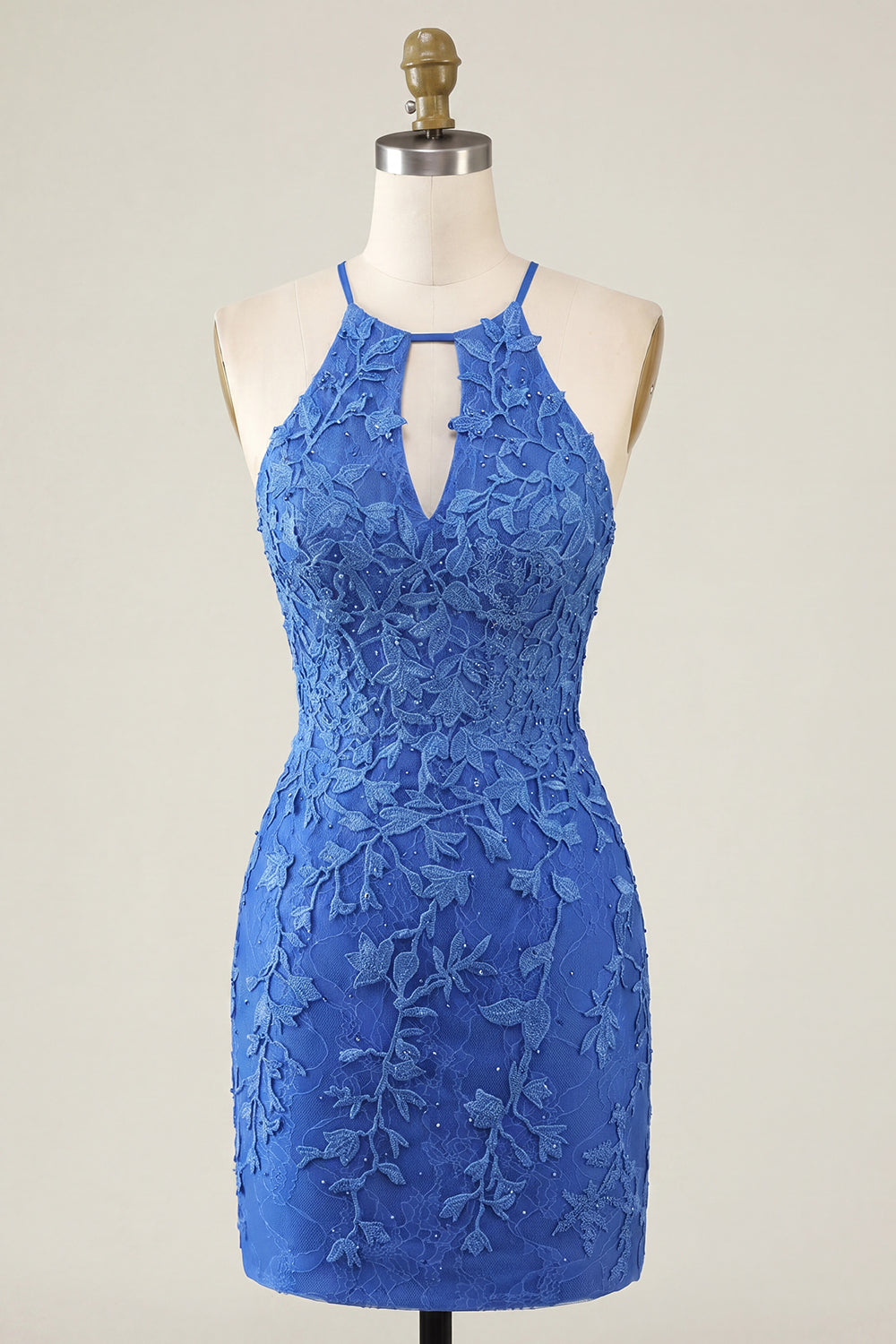 Lace Appliqued Beaded Halter Royal Blue Short Tight Homecoming Dress