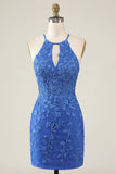 Lace Appliqued Beaded Halter Royal Blue Short Tight Homecoming Dress