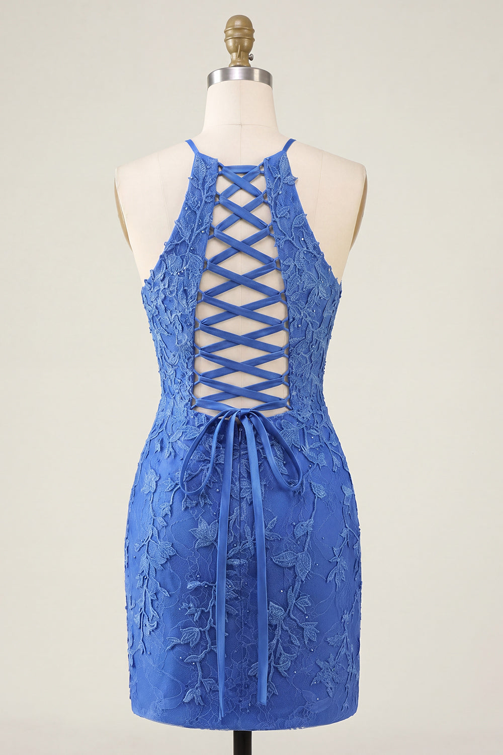 Lace Appliqued Beaded Halter Royal Blue Short Tight Homecoming Dress