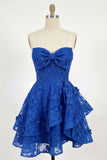 Lace Beaded Floral Ruffled A Line Royal Blue Short Corset Homecoming Dress with Bow