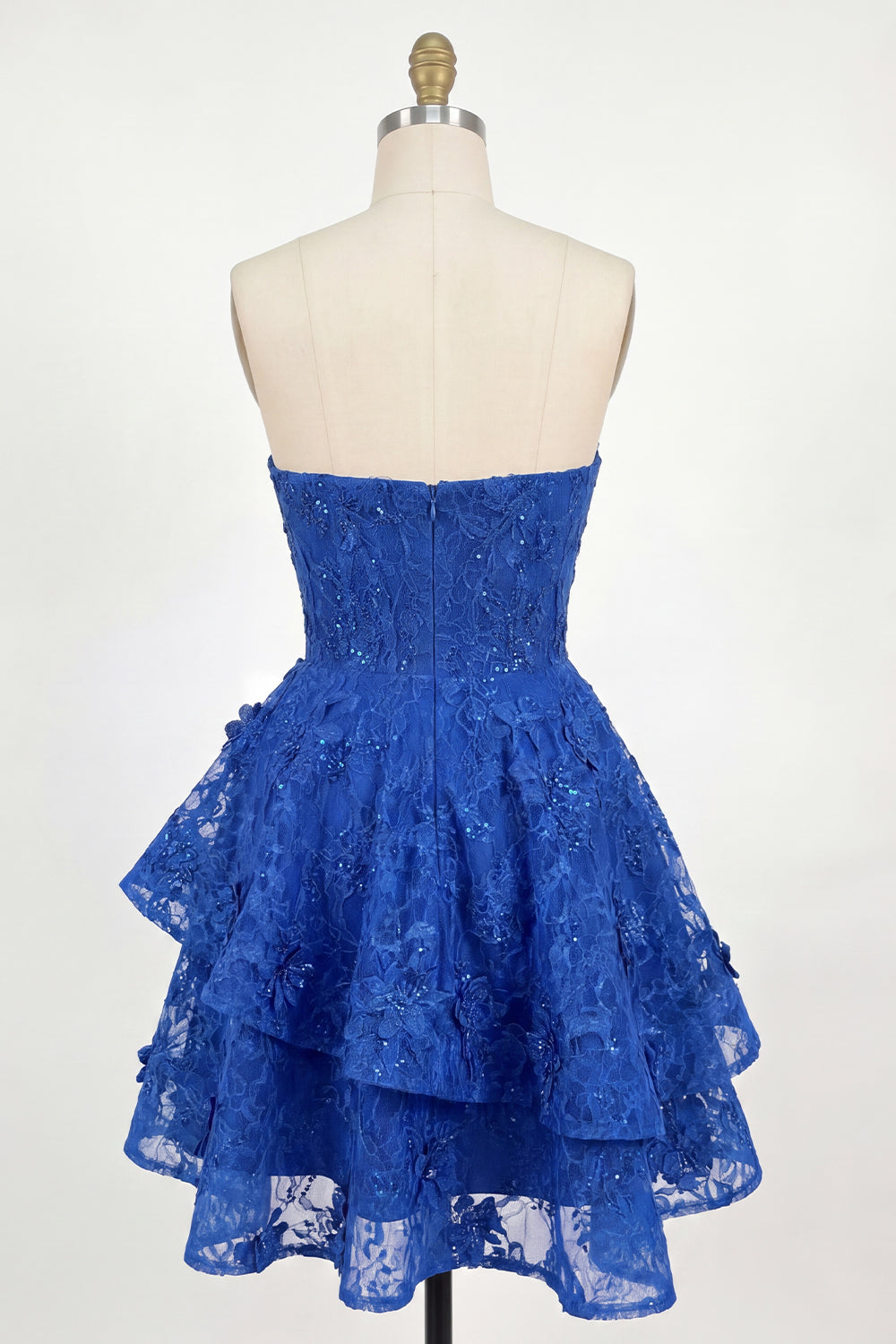 Lace Beaded Floral Ruffled A Line Royal Blue Short Corset Homecoming Dress with Bow