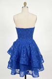 Lace Beaded Floral Ruffled A Line Royal Blue Short Corset Homecoming Dress with Bow