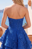 Lace Beaded Floral Ruffled A Line Royal Blue Short Corset Homecoming Dress with Bow