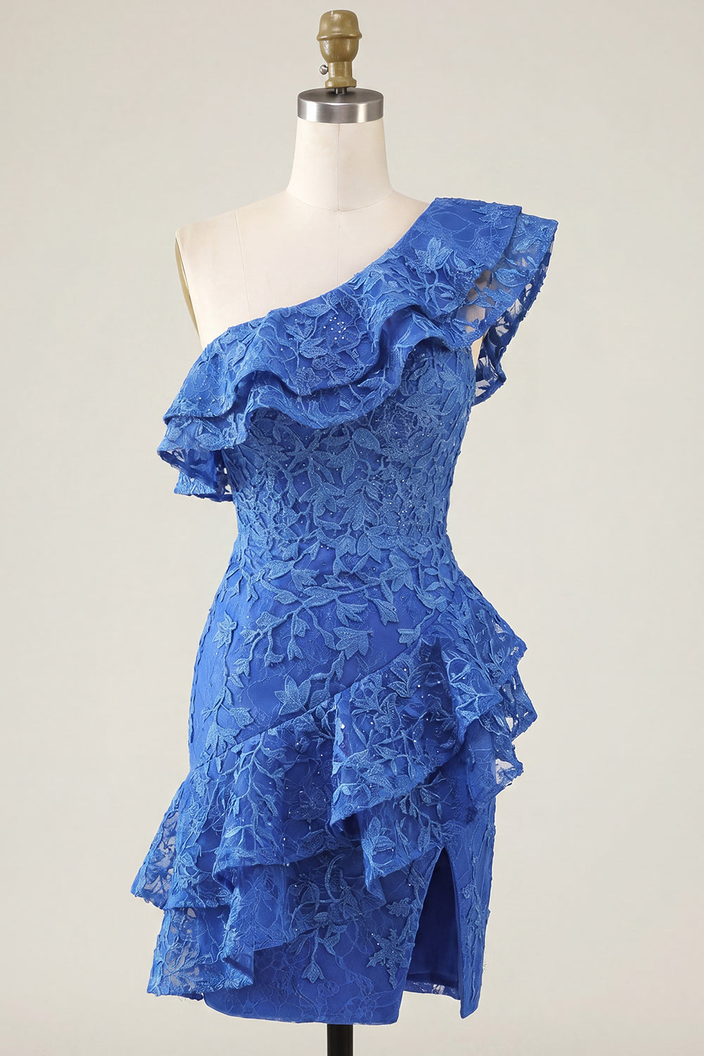 Lace Beaded Ruffled One Shoulder Royal Blue Short Tight Homecoming Dress