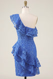 Lace Beaded Ruffled One Shoulder Royal Blue Short Tight Homecoming Dress