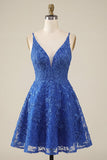 Lace Appliqued Beaded V-Neck A Line Royal Blue Short Homecoming Dress