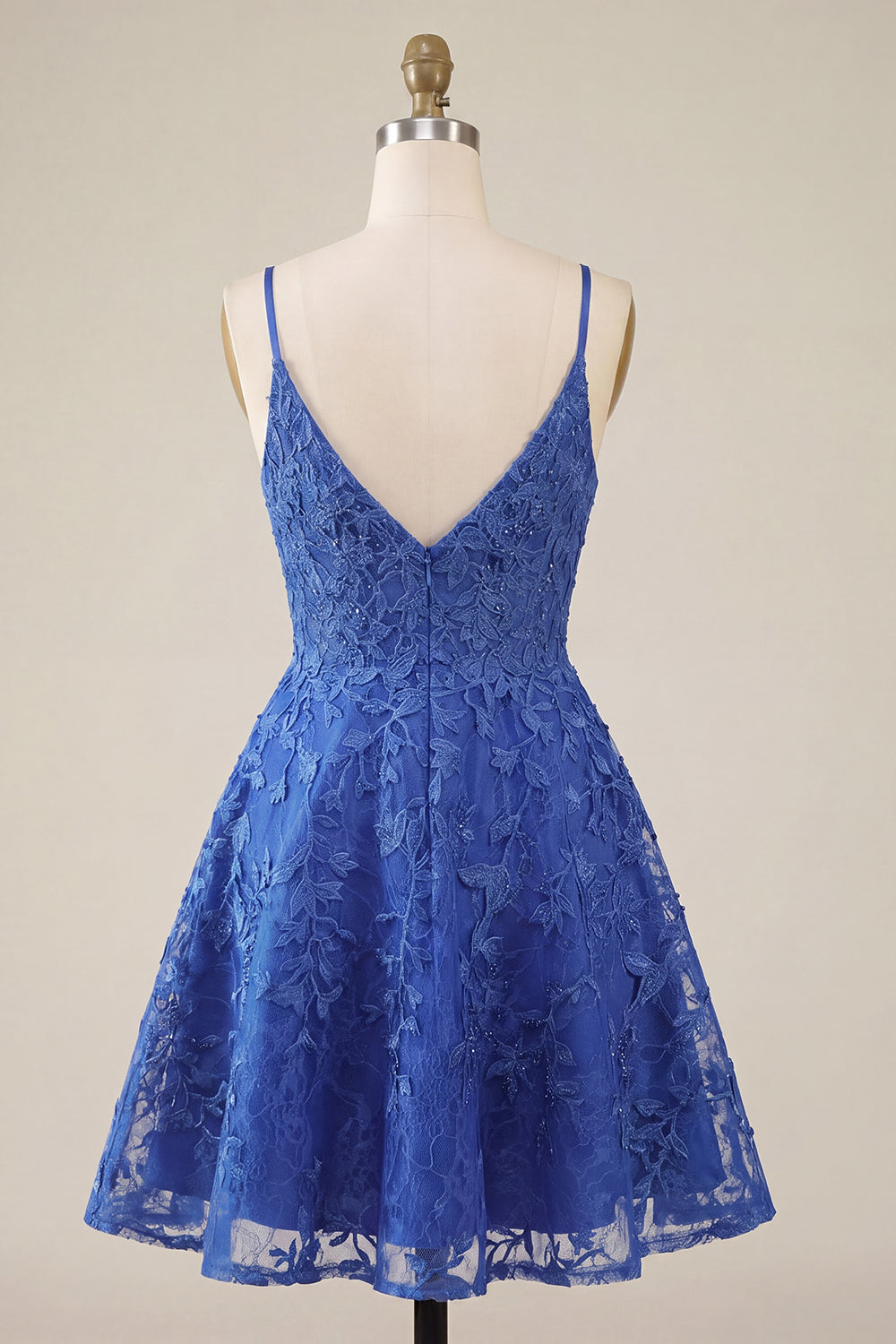 Lace Appliqued Beaded V-Neck A Line Royal Blue Short Homecoming Dress