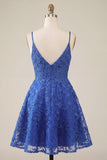 Lace Appliqued Beaded V-Neck A Line Royal Blue Short Homecoming Dress