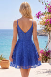 Lace Appliqued Beaded V-Neck A Line Royal Blue Short Homecoming Dress