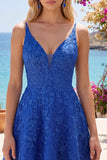 Lace Appliqued Beaded V-Neck A Line Royal Blue Short Homecoming Dress