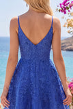 Lace Appliqued Beaded V-Neck A Line Royal Blue Short Homecoming Dress